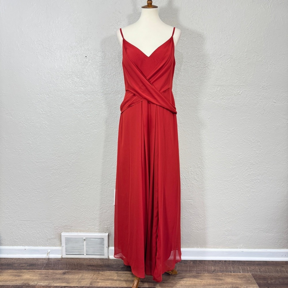 Azazie Bridesmaid Prom Dress 10 Terracotta Chiffon Slit Sheer Wrap Train Formal